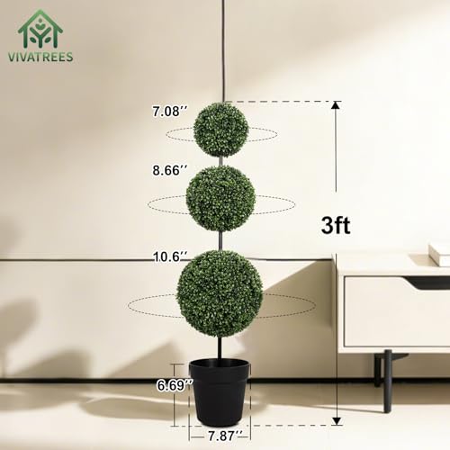 VIVATREES 3FT UV-Resistant Artificial Triple Ball Boxwood Topiary Set of 2, All-Weather Outdoor & Indoor Decor for Garden, Porch, Entryway - size: 3FT-2Pack