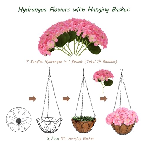 bellacat Real Touch Faux Hydrangea Flowers with 11" Hanging Basket, Fake Hanging Hydrangea Flowers with Realistic Flowers, Artificial Hanging Flowers for Outdoors Porch Patio Balcony (Pink, 2Pack) - color: Pink
