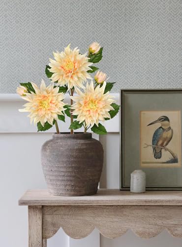 Artificial Dahlia Flowers – Set of 3 | 27.9" Tall Real-Touch Silk Dahlia Stems with Large 6.1" Blooms | Lifelike Ivory Faux Flowers for Home Decor, Wedding, Centerpieces & Floral Arrangements - color: Ivory