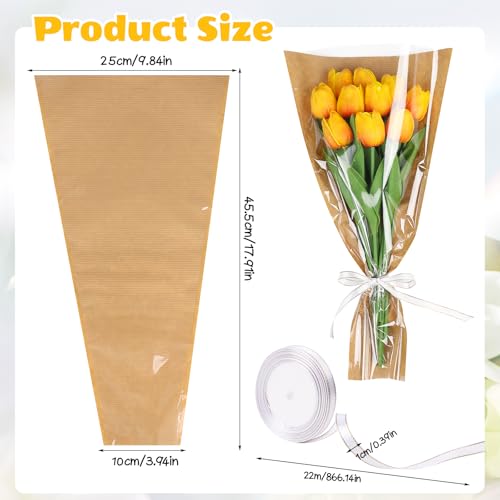 DIYASY 50 Pcs Flower Wrapping Bags for Bouquets, Kraft Paper Floral Packing Sleeves with Ribbons Florist Wrap Supplies for Wedding Mother's Day Graduation Gift 9.8x3.9x17.9 Inch - color: Brown
