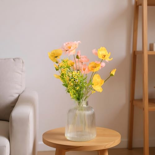 20pcs Artificial Poppy Flowers - Fake Flowers in Vase Silk Decor. Artificial Flowers All-in-One with Clear Glass Vase for Home, Office, Living Room & Table Decor - color: Pinkish Yellow