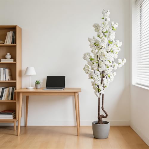 7.2 ft White Artificial Cherry Blossom Tree, Nearly Nature Faux Silk Flower Tree Indoor, Fake Realistic White Flowering Tree for Christmas New Year Home Decor - color: White-ap15
