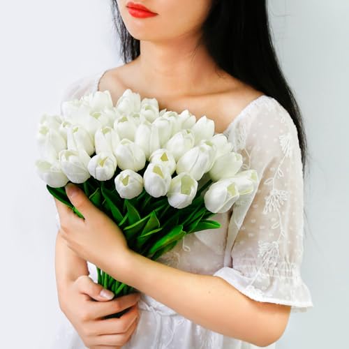 36 Pcs Tulips Artificial Flowers, 13 Inches Real Touch PU Fake Tulips for Wedding Bouquets, Home Decor - color: White