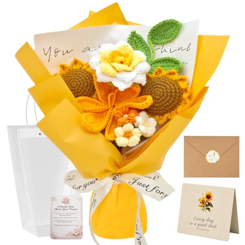 Crochet Flower Bouquet, Yellow Handmade Knitted Sunflowers | With Card, Gift for Graduation Lover Girlfriend Friends, Valentines Day Anniversary Birthday Mother's Day Wedding - color: Sunflower