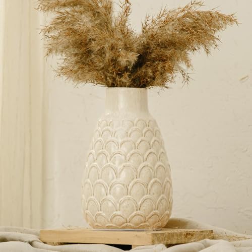 Ceramic Flower Vase, 9.06” Rustic Farmhouse Decorative Vase for Home Decor, Beige Textured Pottery Vase for Pampas Grass, Living Room, Entryway, Mantel, Kitchen Table, Centerpiece - color: 401-white