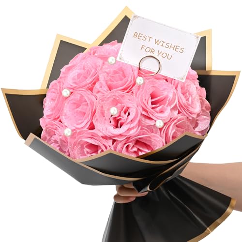 Waipfaru Pink Glitter Roses Bouquet, DIY Fake Flowers Bouquet, Artificial Rose Bouquet for Valentines, Anniversary, Engagement, Wedding, 24 Roses - color: Pink, size: 24pcs
