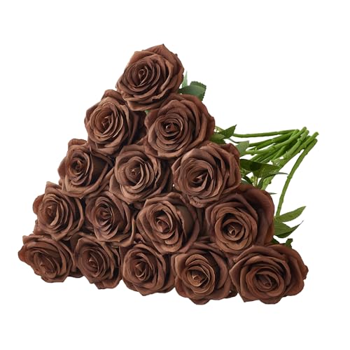 15pcs Fake Roses Artificial Silk Flowers Faux Rose Flower Long Stems Bouquet for Arrangement Wedding Centerpiece Party Home Kitchen Decor - color: 15pcs Chocolate