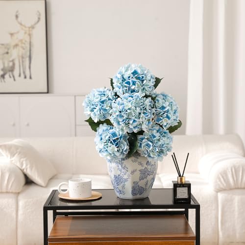 6PCS Realistic Artificial Silk Hydrangea Flowers – Premium Fake Hydrangea Flowers Bouquets with Stems, Full Faux Hydrangea Blooms for Home Wedding Table Party Office Decorations(Light Blue) - color: Light Blue