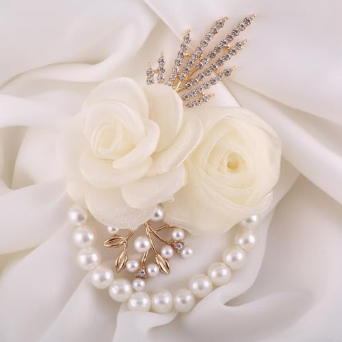 Bridal Wrist Corsage with White Roses, Pearl Beads and Crystal Accents, 2-Pack for Wedding Bride,Bridemaids,Party