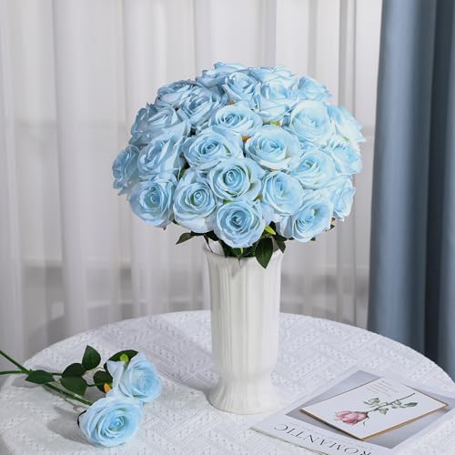 32 Pcs Ice Blue Artificial Roses Fake Flowers, Silk Flowers with Stems for DIY Wedding Bridal Shower Centerpieces Arrangements Tables Decorations - color: Ice Blue