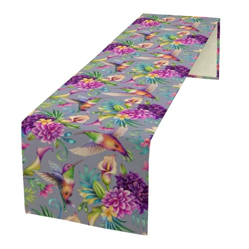 Hummingbird Table Runner,Spring Purple Hydrangea Floral Plants Table Runner for Holiday Kitchen Living Room Home Party Decor 13x36 Inch - color: Hummingbird-4, size: 13x36in