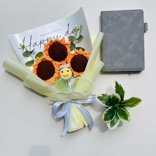 Completed Bee Crochet Flowers Bouquet, Handmade Knitted Bouquet, Crochet Artificial Flowers for Mother's Day Birthday, Wedding Home Decor, Gifts for Mom (Sunflower & Bee) - style: Sunflower & Bee