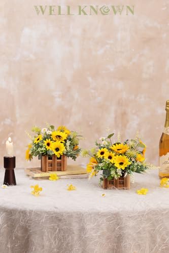 WELL KNOWN Artificial Sunflower Plants in Wooden Baskets, Faux Sunflower and Mini Wild Flowers Arrangement in Planter for Home Hotel Office Table Centerpieces & Gift (Set of 2) - color: Sunflowers