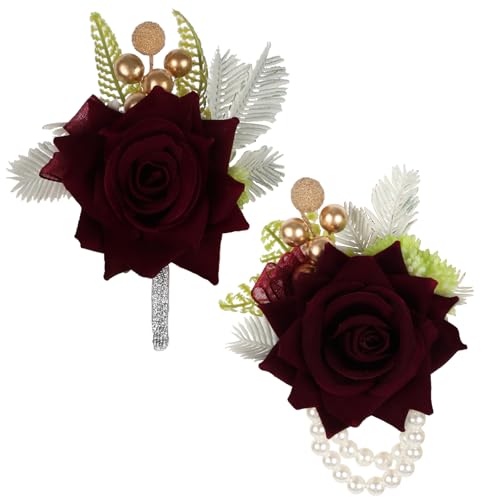 2PCS Burgundy Corsage and Boutonniere Set, Rose Wrist Corsage for Brides Corsage Wristlet for Prom Decor, Groom Boutonniere Set for Men Wedding Anniversary Flowers Party Suit Decoration (Red) - color: Burgundy