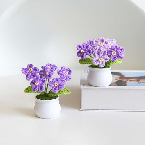 Blync Knitting Crochet Flowers Potted Plants, Fake Forget Me Not Flowers for Friends, Family and Lover, Artificial Handmade Flowers for Valentines Birthday Wedding Gift and Home Decor (Gpurple) - color: Gpurple
