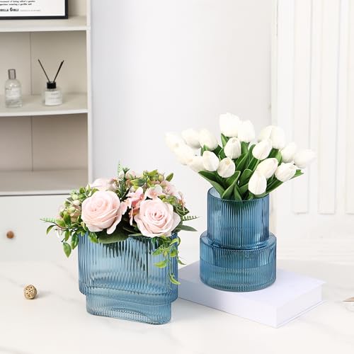 Blue Glass Vases, Set of 2 Ribbed Vases for Flowers, Blue Vase for Tulips, Modern Glass Vase for Living Room, Dining Table, Office, Entryway, Mantle, Bookshelf, Wedding Gifts - color: Blue, size: Ribbed + Oval (2-Pack)