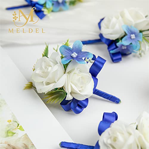 6Pcs White and Blue Faux Silk Boutonnieres for Men Wedding Prom | Artificial Silk Flowers with Blue Ribbons for Groom Groomsman Wedding Homecoming Prom Anniversary Formal Party - color: Blue1# Boutonniere(6 Piece)