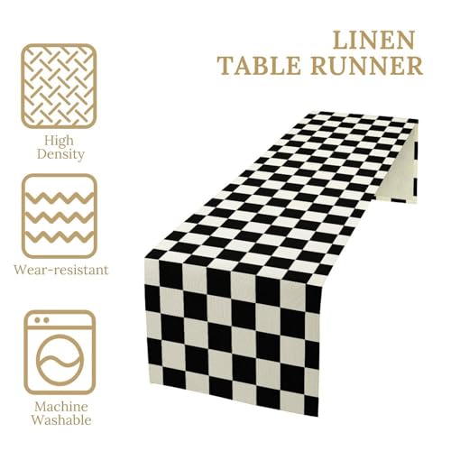 Black Checkered Table Runner Vintage Geometric Black White Plaid Runner Racing Car Theme Dinner Runner for Country Farmhouse Kitchen Birthday Party Holiday 36X13inch - color: Checkered-1, size: L36"x W13"