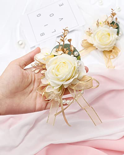 Rose Wrist Corsage and Boutonniere Set Artificial Corsage Wristlet Bracelet for Wedding Decorations Prom Ceremony Accessories (2pcs, Champagne)