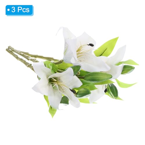 PATIKIL Artificial Flowers - 3PCS White Lily Silk Faux Flowers in Vase for Home Decor Centerpiece, Table Decorations, Dining Room - color: White