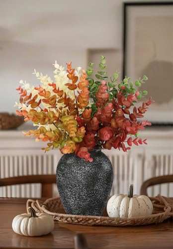 5 Stems Artificial Fall Greenery – 14.6" Eucalyptus Leaf Stems for Autumn Floral Arrangements, Thanksgiving Centerpieces, Fall Decor Bouquets, Burgundy Red - color: Eucalyptus - Burnt Red