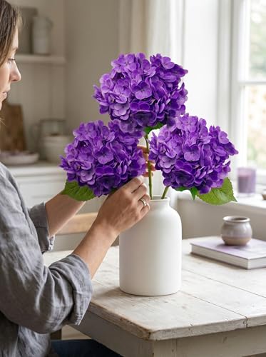 3 Pcs Real Touch Purple Hydrangea Artificial Flowers - 20" Large Jumbo 3D Latex Lilac Faux Hydrangeas for Elegant Home Decor, Wedding Centerpieces, Dining Table Vase Arrangement (Purple) - color: Purple
