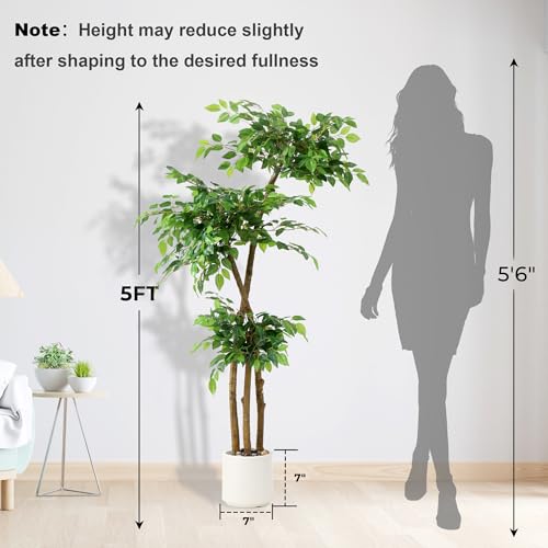5FT Artificial Ficus Tree with White Planter and Pebbles,Faux Silk Tree with Lifelike Leaves and Realistic Trunk,Tall Fake Potted Plant for Home and Office Décor Indoor and Outdoor (5FT) - size: 5ft