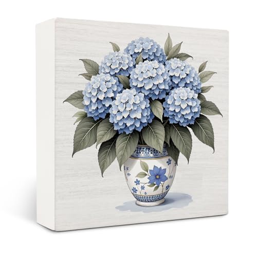 Blue Hydrangea Flowers Decor Wooden Signs,Chinoiserie Spring Floral Wooden Box Sign,Blue And White Decor For Home Desk Tabletop Shelf Decoration 5x5 Inches - color: Blue Hydrangea