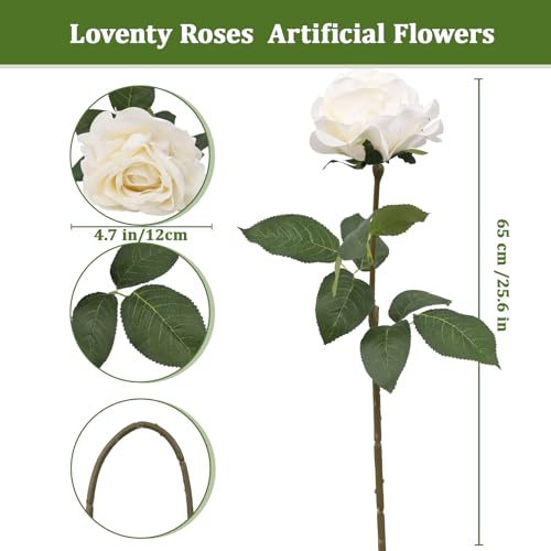 Artificial Rose Flowers, 4Pcs Real Touch Long Stem Faux Roses, Lifelike Latex Roses for Wedding Bouquet, Table Centerpiece, Home Decor, DIY Floral Arrangement, White - color: White