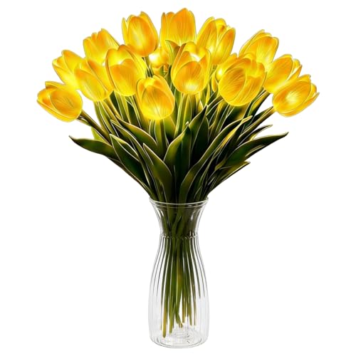 15pcs LED Lighted Artificial Flowers Tulip Lamp with Vase Real Touch Tulips Faux Flower Lights for Valentines Day Gift Easter Home Kitchen Wedding Dining Table Decor (Yellow) - color: 15pcs Yellow