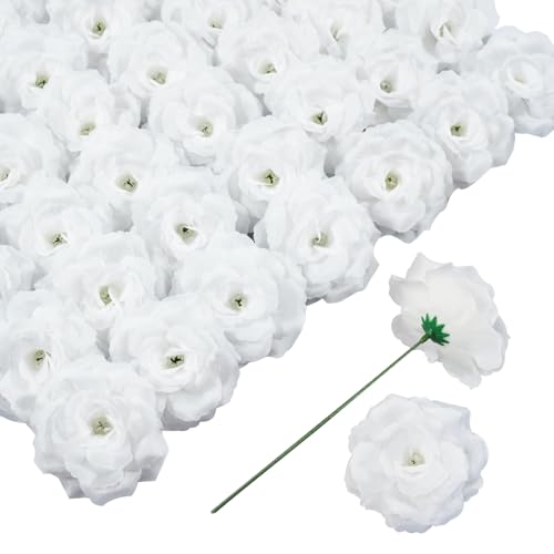 Rose Artificial Flowers, 50Pcs White Roses Head Flowers Bulk with Stem, 3 Inches Silk Rose Fake Flower Head for Wedding Party Home Decor DIY Baby Shower Centerpieces Tables Decoration(White) - color: White