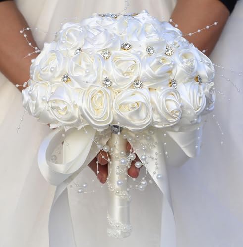 Ujicde Romantic Wedding Bouquet Bridal Bridesmaid Round Bling Brooch Bouquet Throw Toss Artificial Rose Flower Bunch with Sparkle Rhinestone Crystal Decoration(Ivory,Dia. 6.3"*16cm) - color: Ivory, size: Dia. 6.3"*16cm