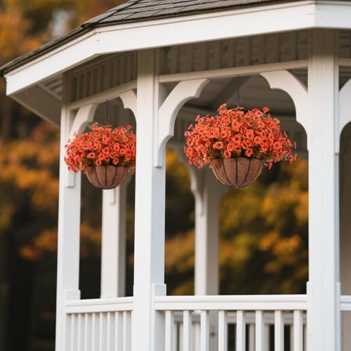 Hananona 24 Pcs Artficial Outdoor Flowers with Hanging Baskets, Orange Fall mums 2 Pack Hanging Planter with Outdoor Fall Flowers for Autumn Porch Garden and Home Patio Yard Decor (2, Orange) - color: Orange