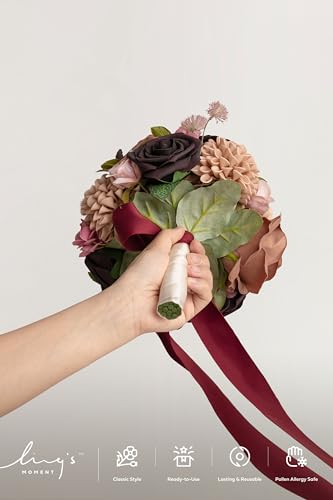 Ling's moment Earth Brown & Black Baccara Artificial Wedding Flower Bouquets for Bridesmaids Brown Floral Bouquet Bridesmaid Bouquets with Ribbon Ceremony Anniversary,7-inch Diameter - color: Br-earth Brown & Black Baccara
