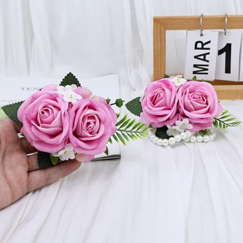 2PCS Pink Rose Wrist Corsage Wristlet Band and Men Boutonniere Set, for Wedding Anniversary Ceremony Artificial Flowers Accessories Prom Party Suit Decorations - color: Pink