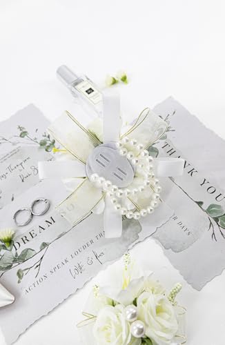 Ivory Rose Corsage and Boutonniere Set, Prom Flower Wrist Corsage Wristlet Band Bracelet, Boutonniere for Men White Wedding Flowers Accessories Prom Suit Decorations - color: Ivroy White