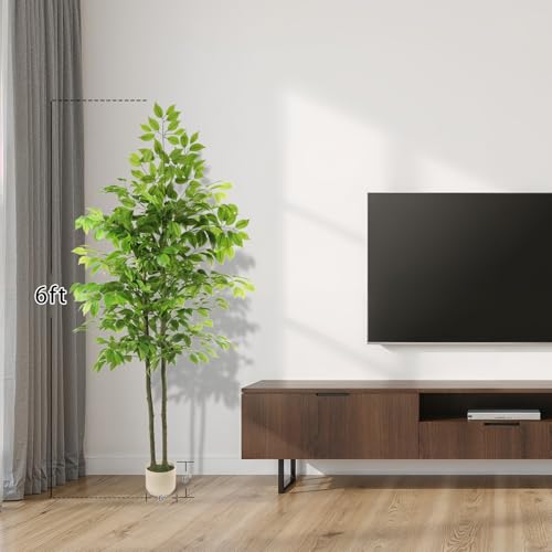Artificial Ficus Tree 6FT Tall, Artificial Plants Indoor with White Planter Faux Ficus Tree Realistic Faux Silk Plant for Home Office Living Room, Porch, Garden Decor