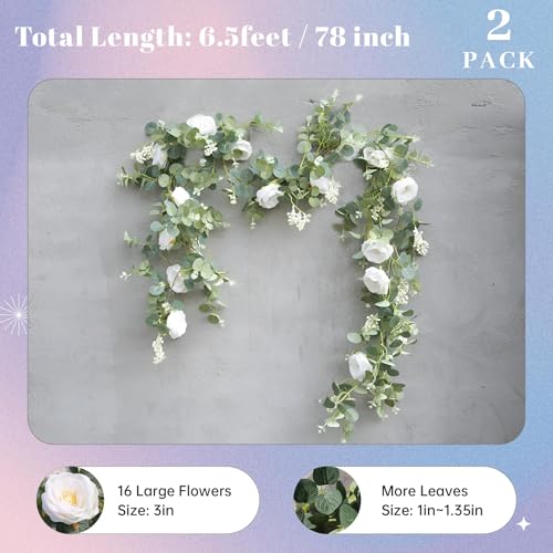Der Rose 2 Pcs 13FT Artificial Flower Garland Wedding Decor, White Rose Eucalyptus Greenery Garland with Flowers & Floral Garland for Table Runner Flower Arch Backdrop - color: White 2 Pcs