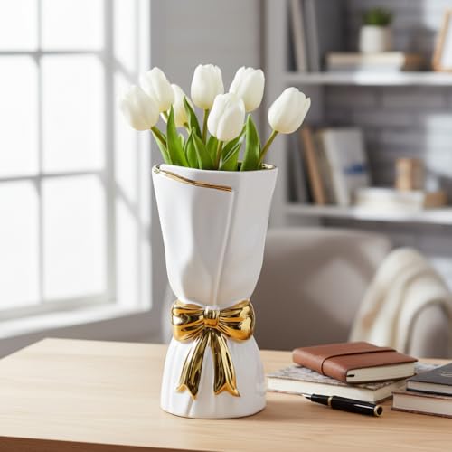 White Bow Vase - 10 Inch Modern Ceramic Vases for Living Room, Decorative Flower Vase for Home Decor, Wedding, Dining Room, Kitchen, Table, Bookshelf, Bathroom Decor - color: White, size: 10 inch