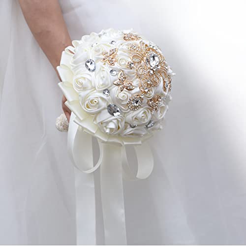 Handmade Brooch Wedding Flowers Bridal Bouquets Crystal Bride Holding Bouquet White Ivory Satin Roses with Diamond Pearl Ribbon (Luxury-Glod) - color: Gold