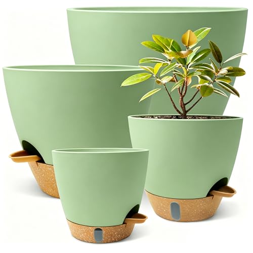 12"/10"/9"/8" Self Watering Pots with Visual Water Window,Extra Large Self Watering Plant Pots with Drainage Holes & Saucers,Green Planters for Indoor Plants,4-Pack - color: Green
