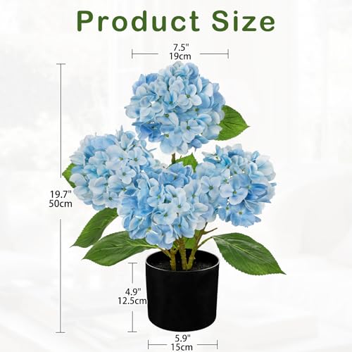 Hollyone Light Blue Hydrangea Artificial Flowers in Pots 19.7" Four-Head Faux Silk Hydranges Flower Arrangements for Indoor Home Office Kitchen Table Centerpieces Wedding Decorations - color: Light Blue, size: 4 Head Hydrangea