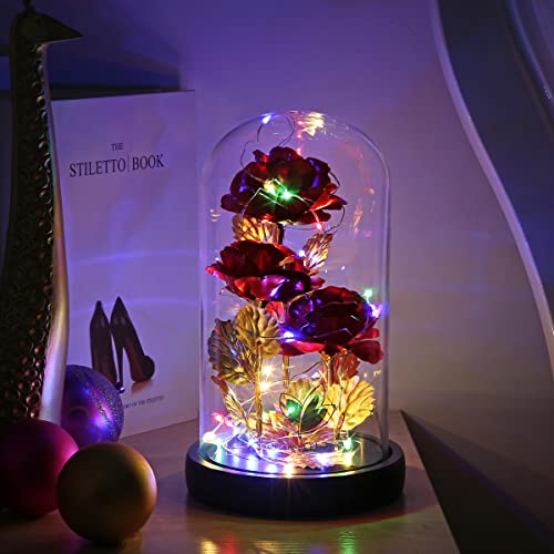 Mothers Day Flower Gifts for Mom,Wife,Mother Rose Galaxy Flower Red Rose in Glass Dome,Light Up Rose Flowers with 2 Lighting Mode,Enchanted Rose Gifts for Women for Birthday Wedding Valentines Day - color: Colorful Red