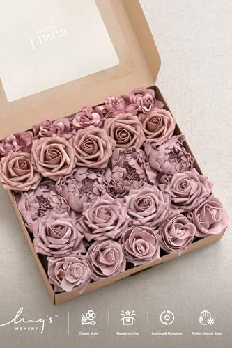 Ling's moment Artificial Flowers Fake Roses Faux Foam Peonies Combo for DIY Wedding Bouquets Centerpieces Arrangements Bridal Shower Party Home Decorations, Dusty Rose, 23pcs - color: Pk-dusty Rose