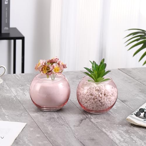 Round Glass Vases Set of 6, Pink Flower Vases for Centerpieces, Glass Bowl Vase, Small Round Vase for Living Room, Bedroom, Kitchen, Dining Table, Office, Wedding, 4 Inches - color: Pink, size: 4”