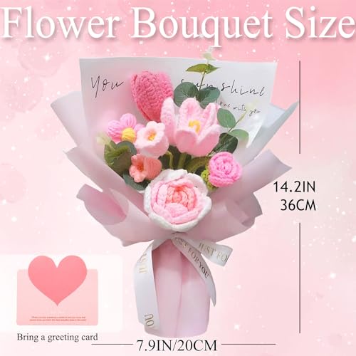 Crochet Flowers Bouquet, Handmade Crochet Rose Bouquet Pink,Knitted Flowers,Crochet Flowers Rose Tulip Lily of The Valley for Home Decor,Birthday,Valentine's Day, for Mom - color: Pink - Rose Tulips&lily of the Valleys