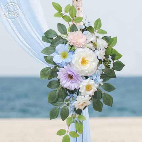 Odouzy Wedding Arch Flowers Kit,Artificial Flower Arch Decor (Set of 3),2pcs Artificial Flower Arrangement with 1pc Sheer Drape for Wedding Decor Reception Backdrop Floral Decorations (Sky Blue) - color: Sky Blue