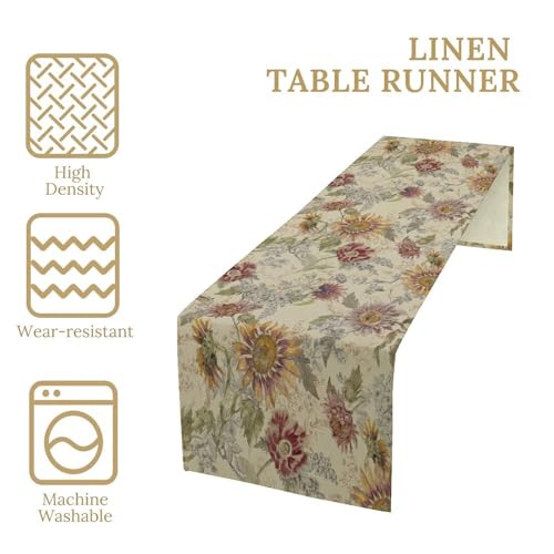 Retro Botanical Floral Table Runner Linen Table Decor with Rustic Sunflower Flower Garden Blooms Printed for Dining Room, Kitchen, Farmhouse, Harvest, Holiday, Party 13" x 36" - color: Floral_26, size: 13"W x 36"L (Pack of 1)