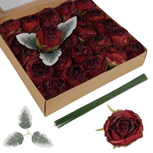 Artificial Peonies,24PCS Vintage Fake Peonies Flower Heads 2.56" Realistic Burgundy Roses with Stems for Wedding Chair Sign Cake Party Home Decoration (Burgundy) - color: Burgundy