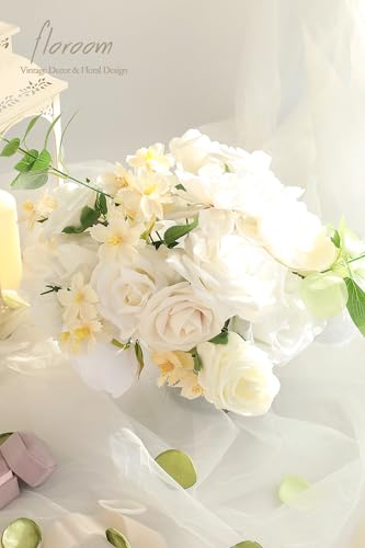 Floroom Cream White Artificial Flowers Ivory Fake Roses Peonies Dahlias and Greenery Combo Box Set for DIY Wedding Bouquets Bridal Shower Centerpieces Floral Arrangements Party Tables Home Decorations - color: Whisper of White